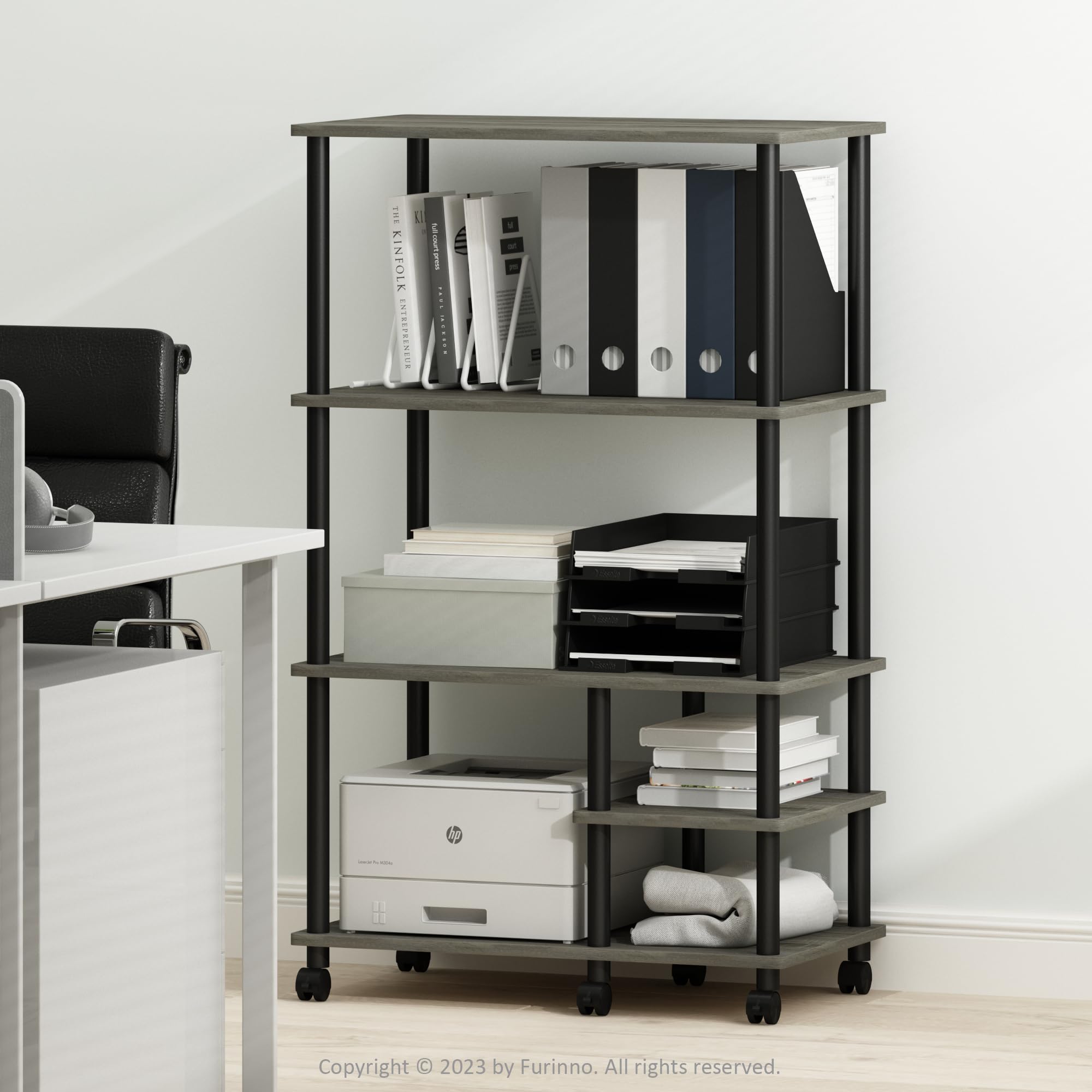 Furinno Turn-N-Tube 4-Tier Toolless Multipurpose Printer Stand Display Storage Shelf With Wheels, French Oak Grey/Black